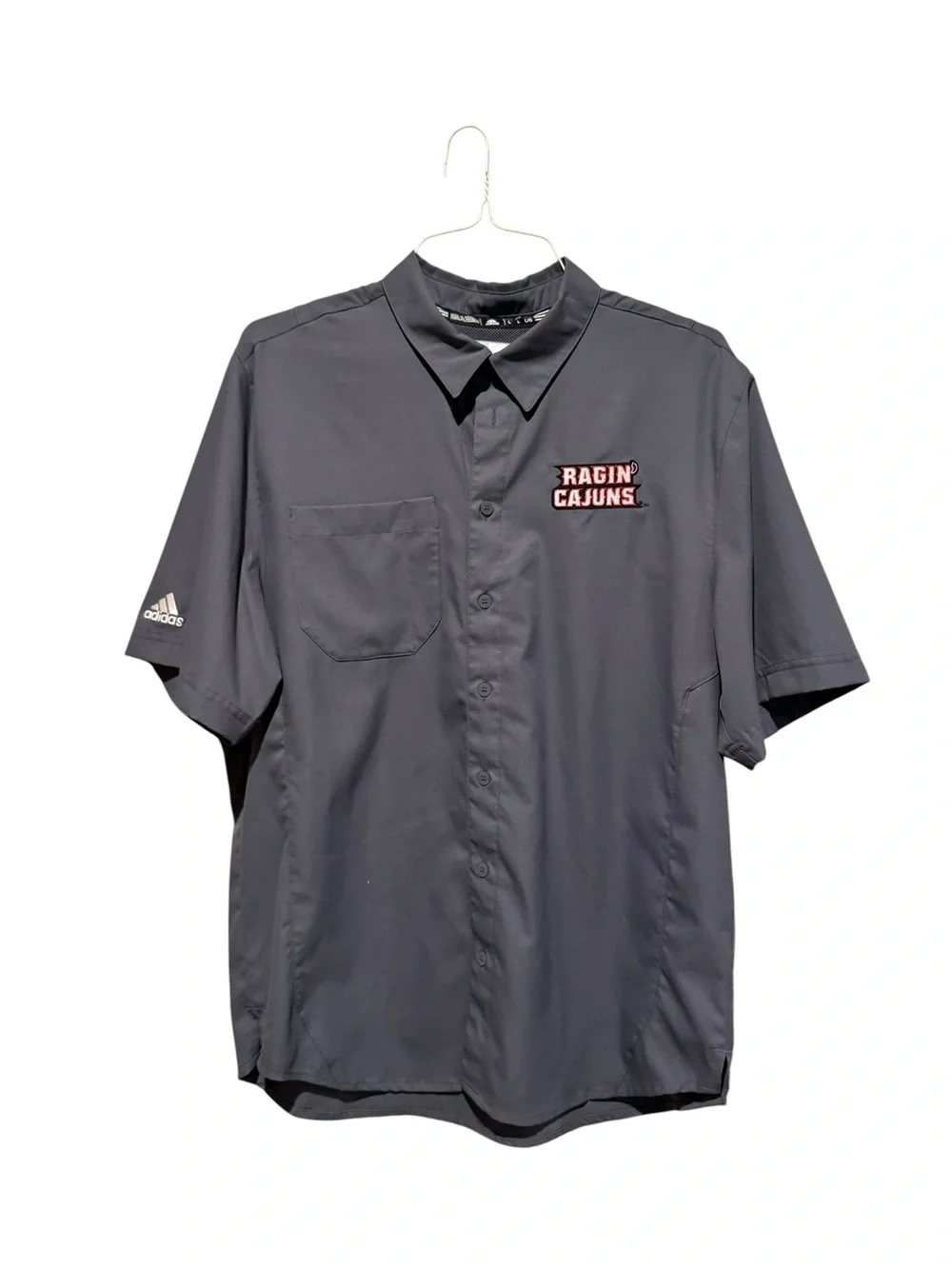 adidas Gray Short-Sleeve Button-Down with Ragin' Cajuns Patch